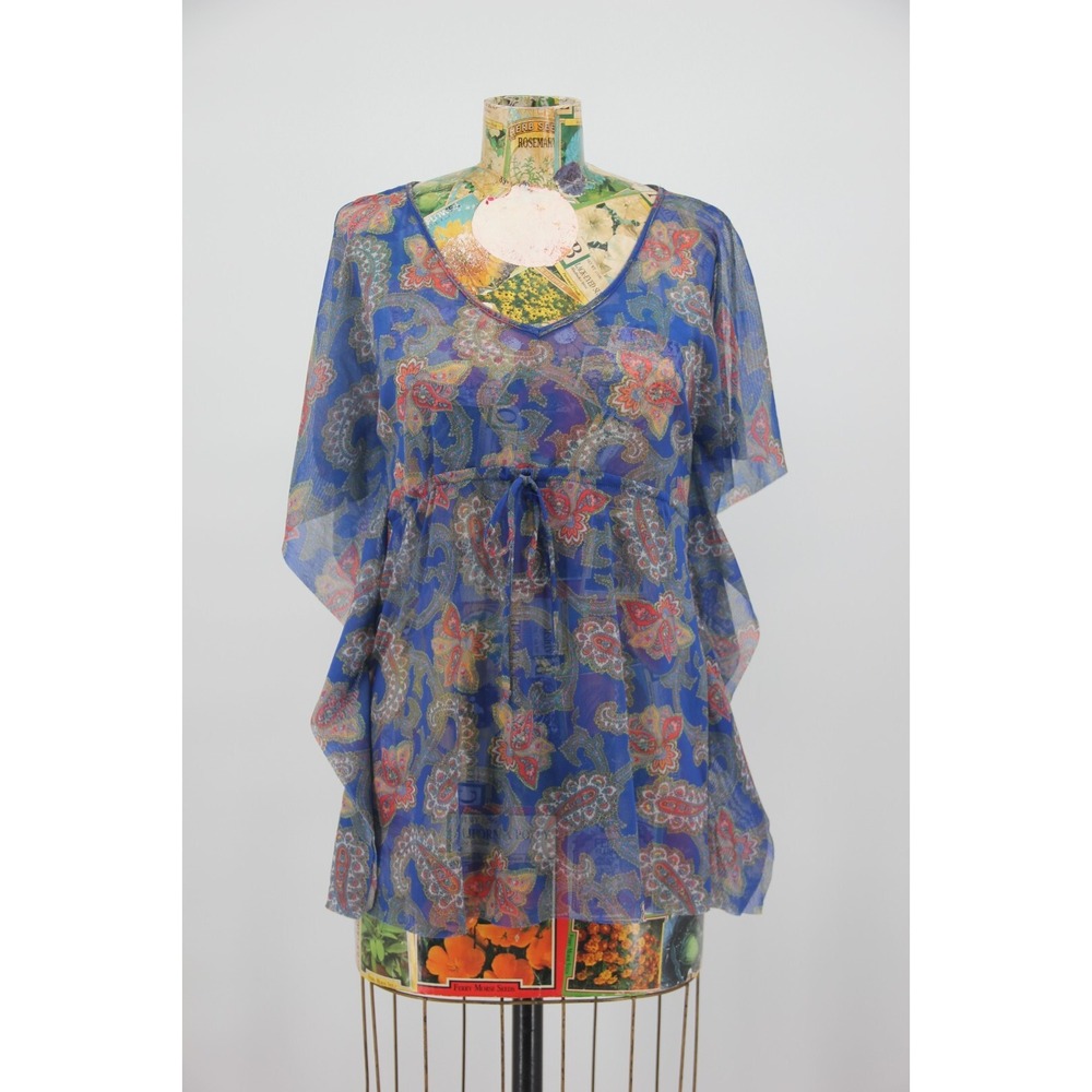 Sweet Pea Cobalt Blue Paisley Stretch Nylon Batwing Tied Front Blouse OS Boho